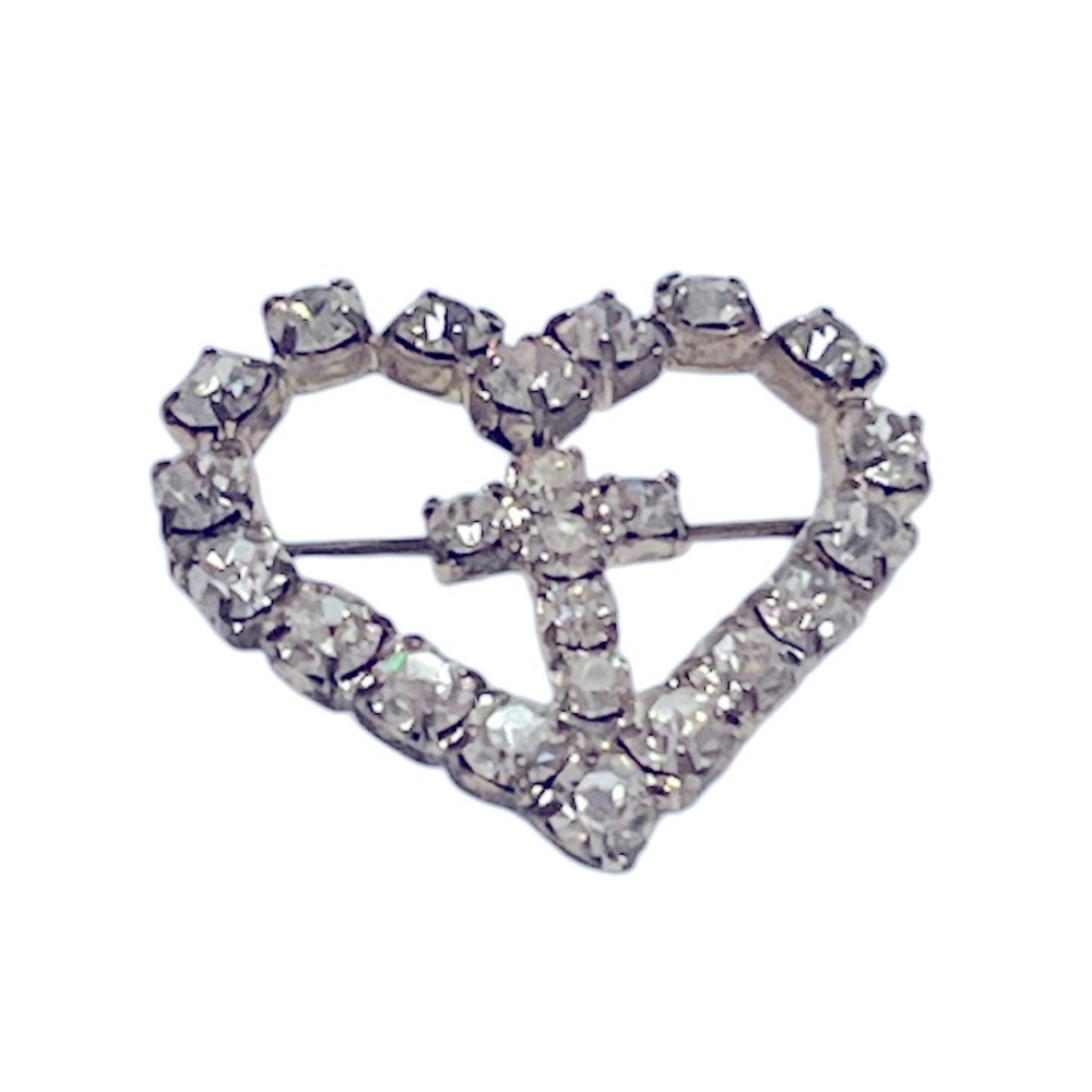 Brooch rhinestone heart with a cross in the center
